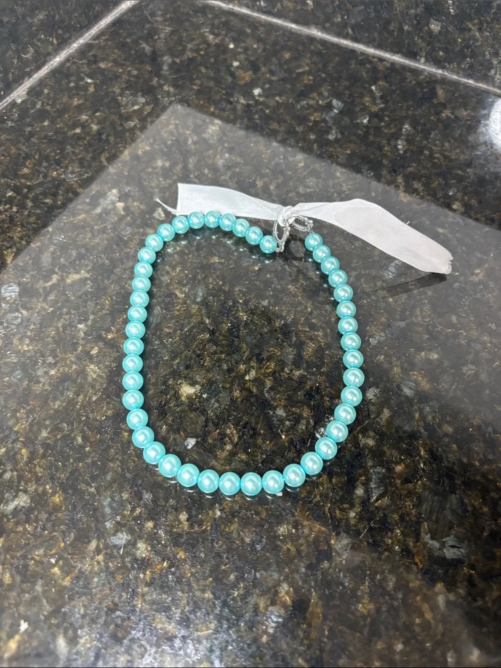 Vintage Blue Faux Pearl Choker Necklace with Silver Toggle/Ribbon Clasp-15.5”